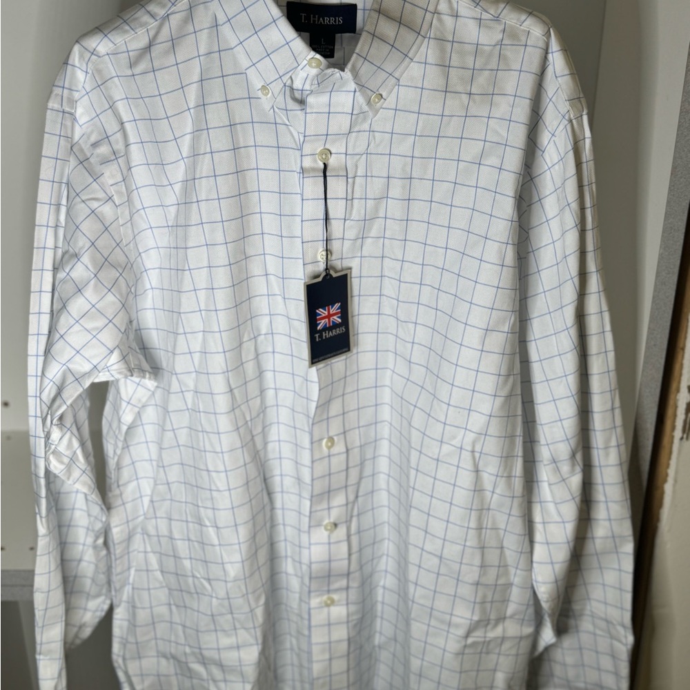 Men's White Button-Down Shirt with Light Blue Windowpane